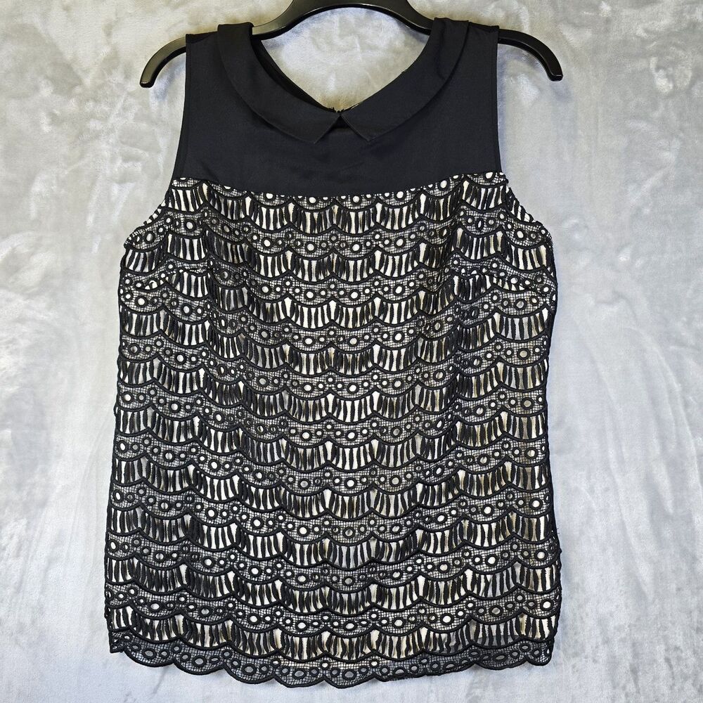 Principles by Ben de Lisi Sleeveless Blouse Top L Black Lace Overlay Collared